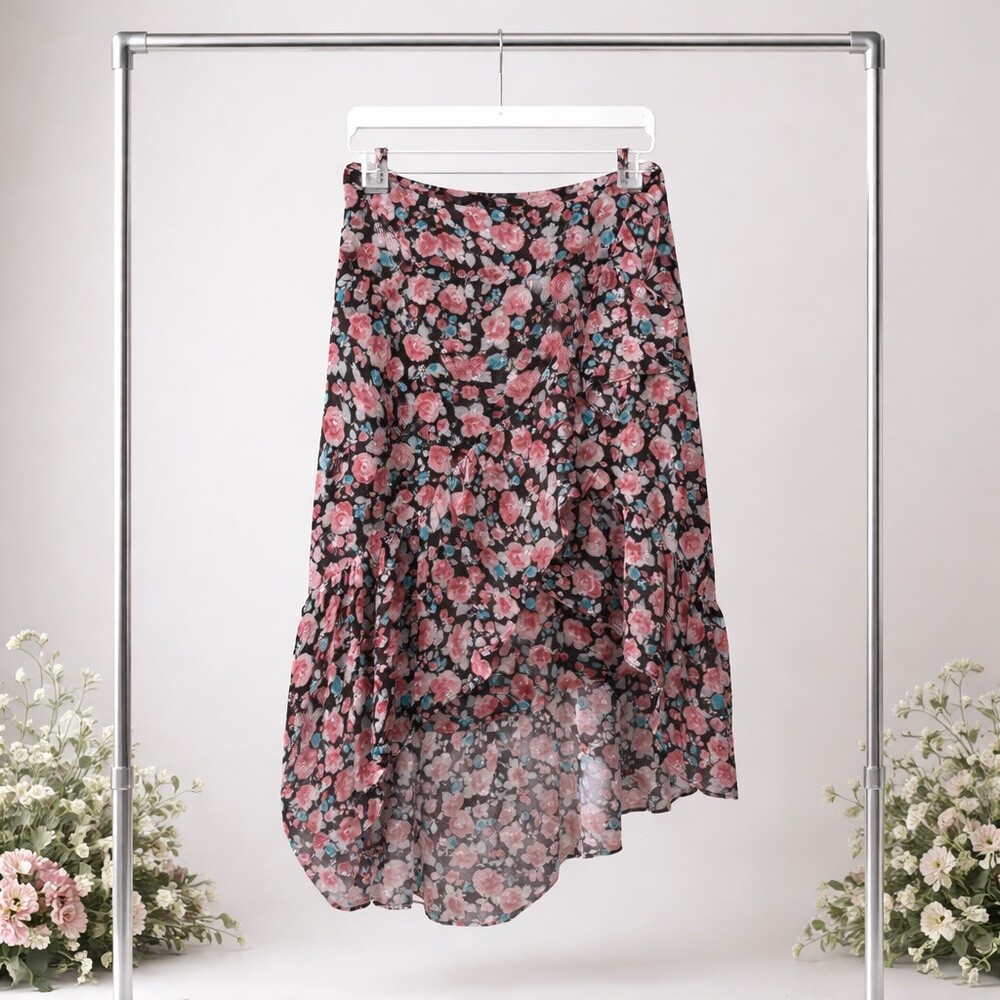 The Kooples Silk Skirt Womens Size S Black Floral Gemstone Asymmetrical Midi - Picture 2 of 7